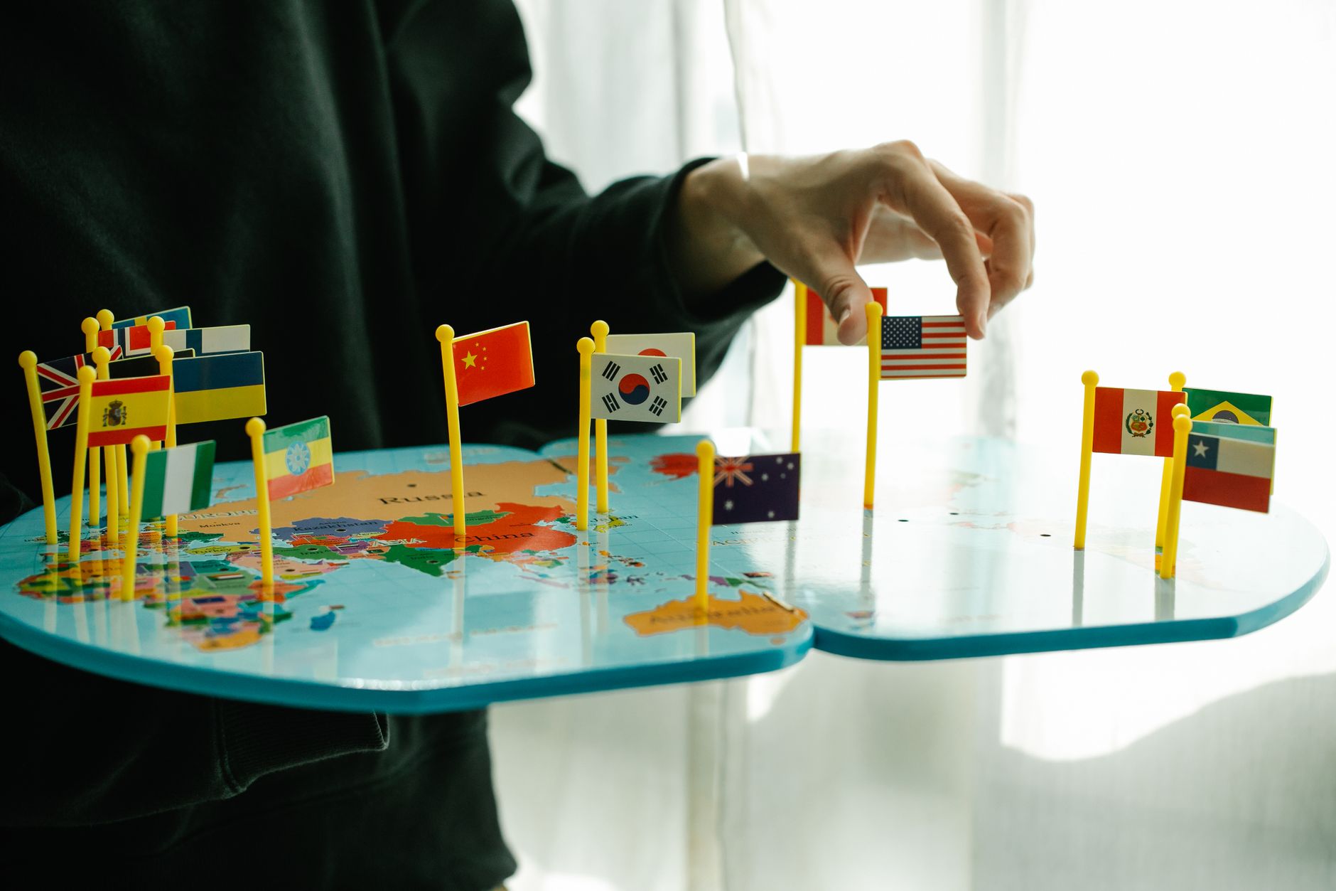National flags and world map symbols
