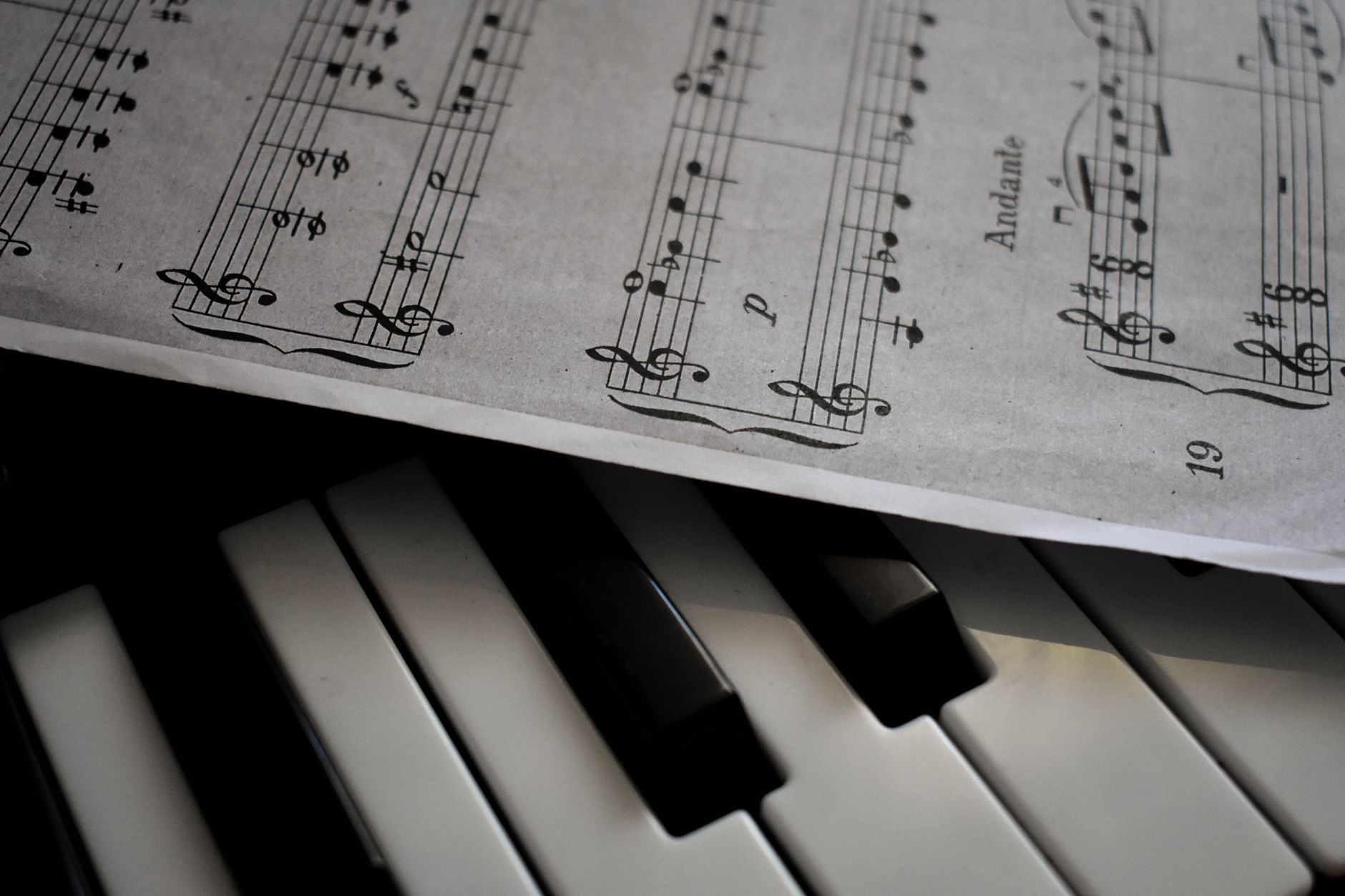 Piano keys close up with soft dramatic lighting