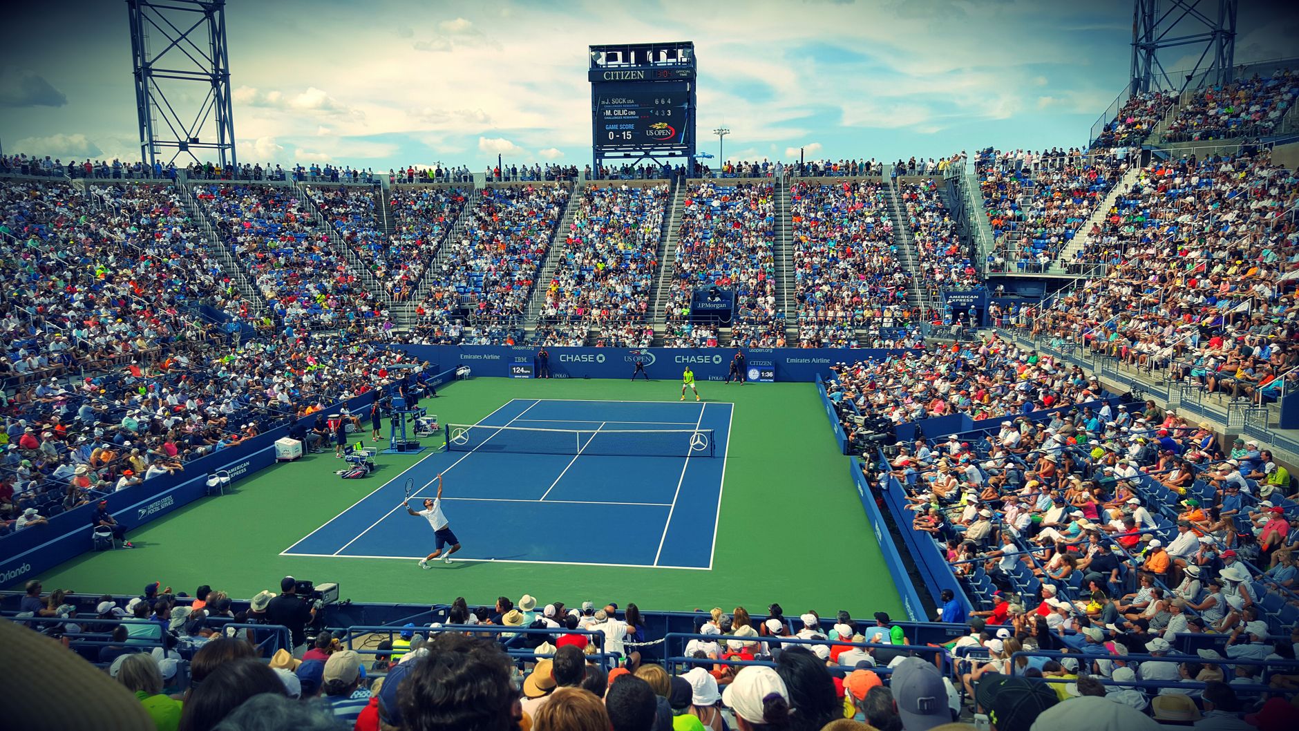 Grand Slam tennis stadium court from above