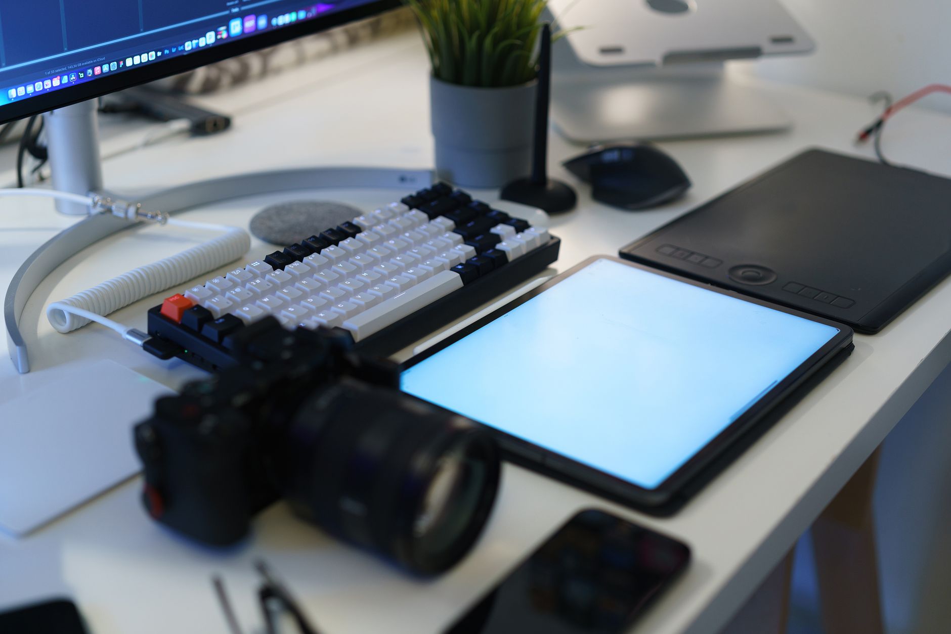 Creative designer working at a colorful workspace