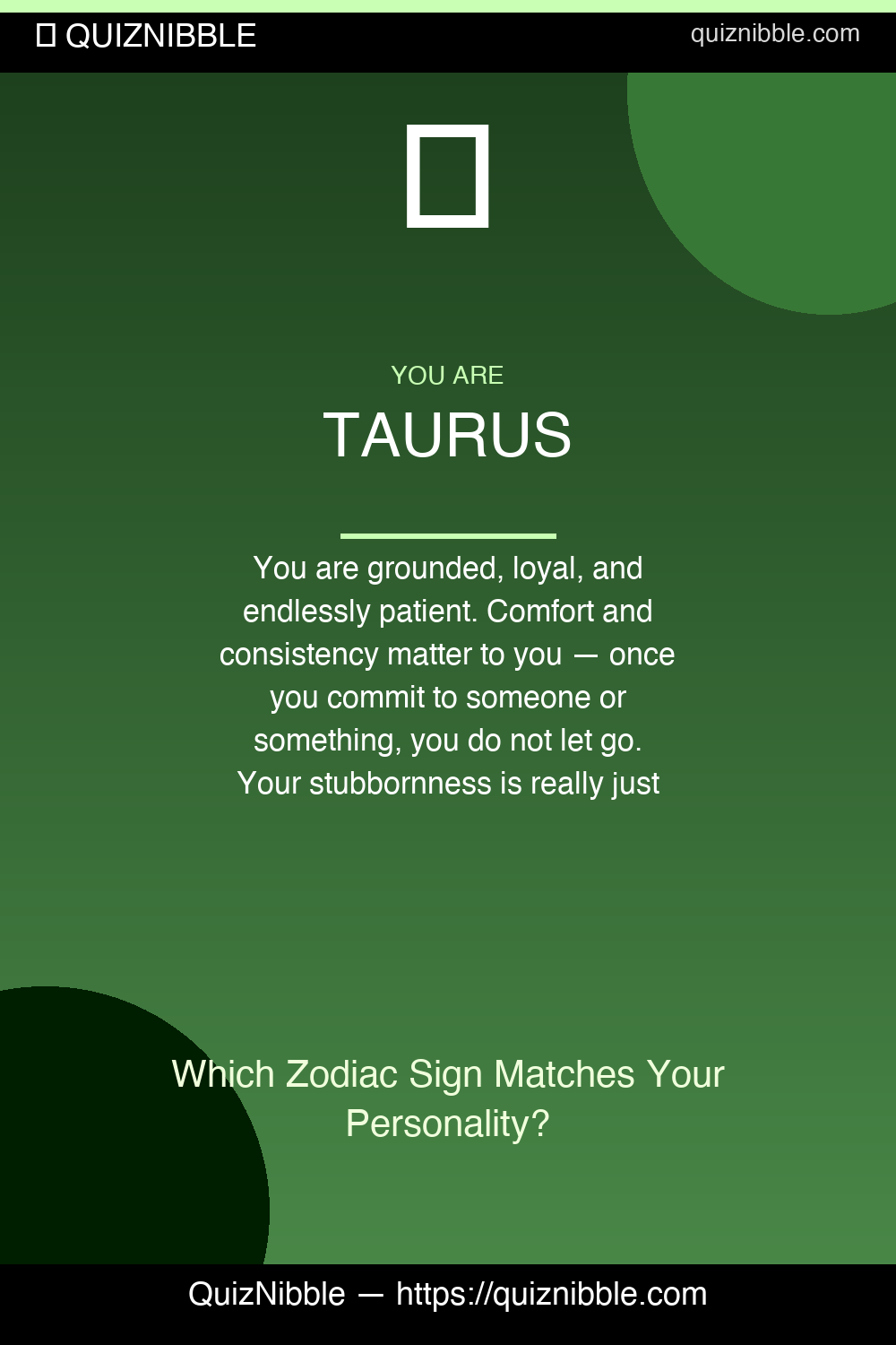 Taurus result card for Which Zodiac Sign Matches Your Personality?