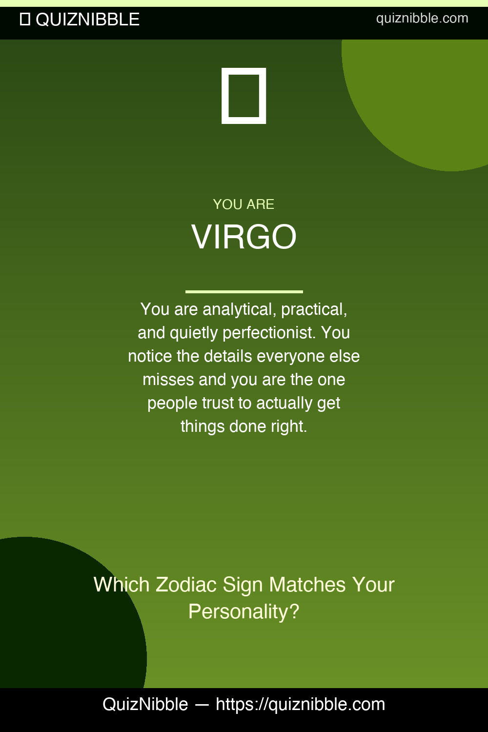 Virgo result card for Which Zodiac Sign Matches Your Personality?